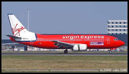 1000921 VirginExpress B737-300 OO-LTM-Budgetair-sticker AMS 12042003